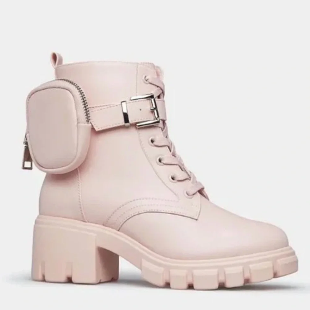SHOEDAZZLE LADIES BLOCK-HEEL HIKER BOOTIE LUG SOLE DETACH ZIP POCKET FRONT LACES